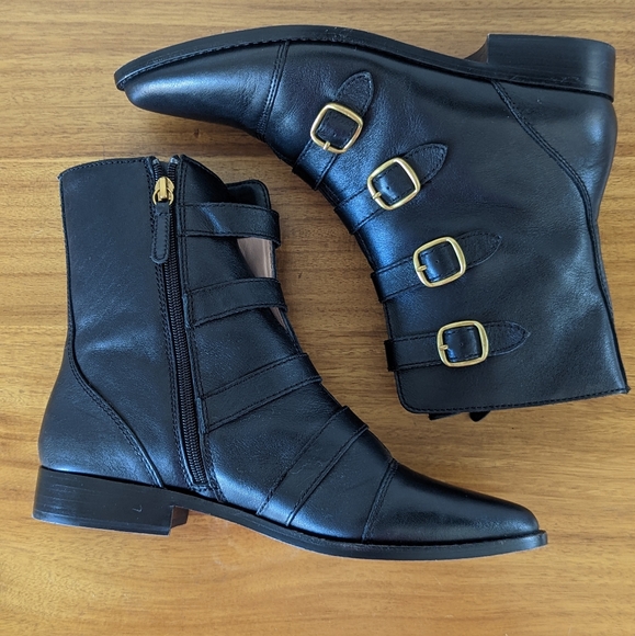 J. Crew Multi-Buckle Troy Black Leather Short Ankle Boot, sz 9 1/2 EUC - Picture 9 of 12